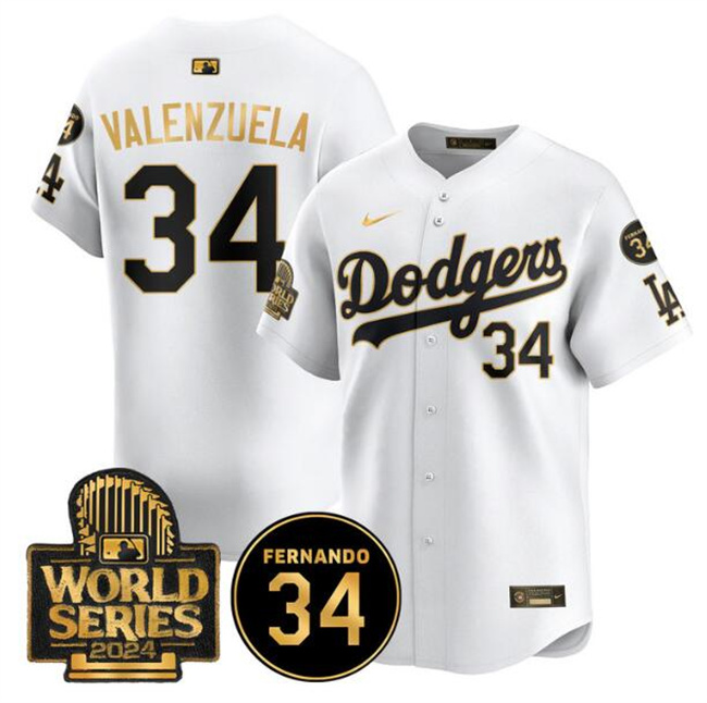 Men's Los Angeles Dodgers #34 Toro Valenzuela White/Gold 2024 World Series With Fernando Memorial Patch Limited Stitched Baseball Jersey Men's Los Angeles Dodgers #34 Toro Valenzuela White/Gold 2024 World Series With Fernando Memorial Patch Limited Stitched Baseball Jersey